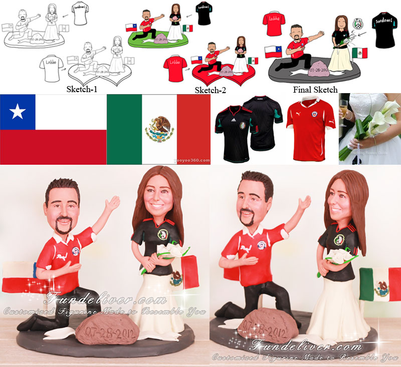 Multinational Chile and Mexico Football Wedding Cake Toppers